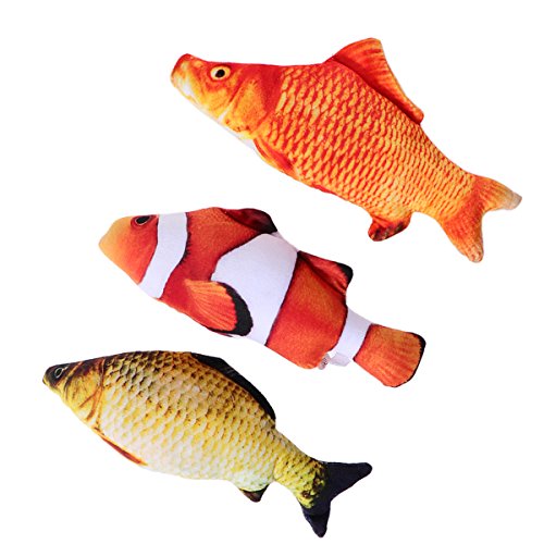 UKCOCO 3 Piezas Catnip Juguetes, Simulación Peluches Peces Interactiva Mascota Chew Bite Suministros para Gato Almohada de Pescado - Tamaño S