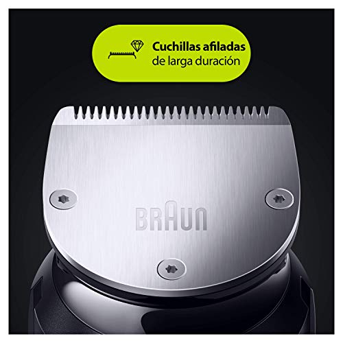Braun MGK7020 10 en 1, Máquina recortadora barba y cortapelos todo en uno con afeitadora cuerpo, nariz y orejas, afeitadora mini, detalles, color negro/plata