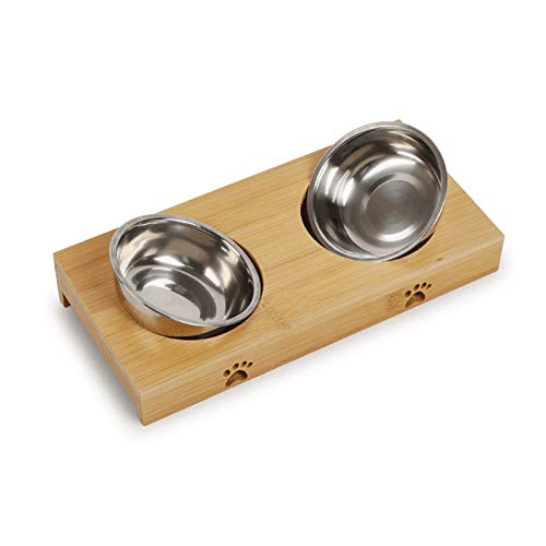 KEBY Perro Gato Doble Cuencos Desmontable Antideslizantes de Acero Bambú Inoxidable Madera Bebedero Comedero Bol Adecuado para Cachorro Gatitos (Double)