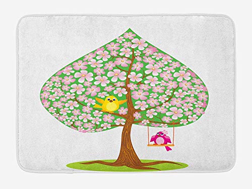 Klotr Felpudos, Animal Bath Mat, Heart Shape Spring Tree with Flowers Blossom and Singing Bird Valentine's Love, Plush Bathroom Decor Mat with Non Slip Backing, 40X60 CM, Pink Green Brown