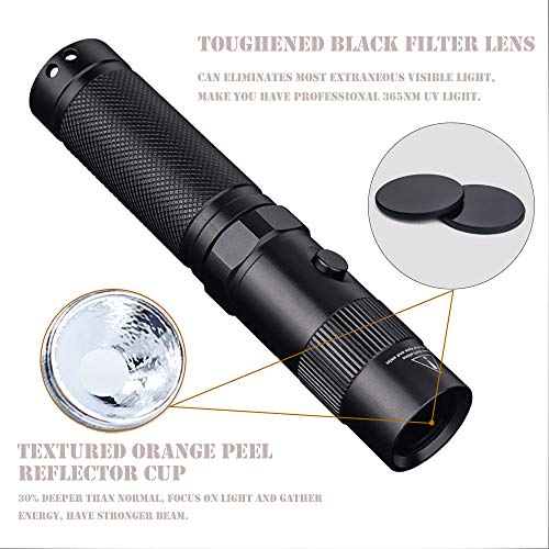 LIGHTFE - Linterna UV de 365 nm, luz negra UV con fuente LED LG UV, lente de filtro negro, potencia máxima de 3000 mW para secado de pegamento UV, rocas y brillo mineral, detector de fugas de CA