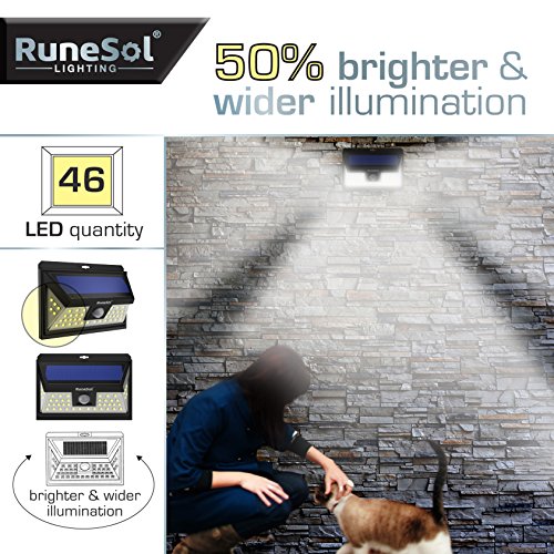 Lucas 46 LED Runesol® con sensor (Paquete De 2) | Lámpara Solar Con 46 Luces LED | Luz LED con Focos Para Iluminar Exteriores, Patios, Cercas, Jardines, Entradas | Panel De Seguridad LED | Luz Solar