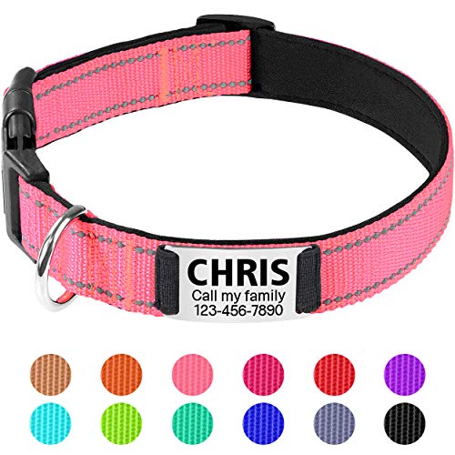 TagME Collar de Perro Reflectante Personalizado,Placa de Acero Inoxidable,Grabado con Nombre y Número de Teléfono,Deslizar en Las Etiquetas de Identificación del Perro,Rosa