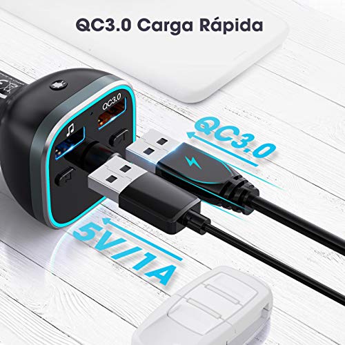 Transmisor FM Bluetooth V5.0, [RGB 7 Colores Luz de Anillo] VicTsing Manos Libres para Coche QC3.0 Carga rápida, Reproductor MP3 Coche, Adaptador de Radio Dual USB QC3.0 & 5V1A, Tarjetas SD + U Disk