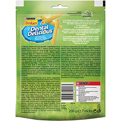Purina Friskies Dental Delicious, Golosina dental para Perro Mediano y Grande  6 x 200 g (1.2 kg)