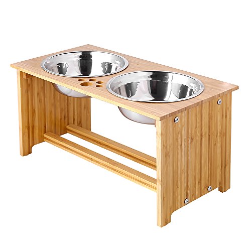 FOREYY Cajones para Perros levantados para Gatos y Perros - Cajones de Comida y Agua para Gatos con elevaciones de bambú Soportes para alimentadores con 2 tazones de Acero Inoxidable(25.5 cm)