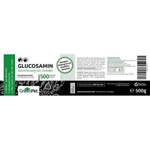 Glucosamina en Polvo para Perros y Caballos (500g.) | Sin Aditivos, Azúcares ni Sal Añadidos | GreenPet