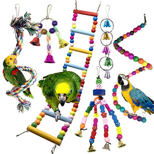 Juguetes para Pájaros, PietyPet 6 Piezas Pájaros Juguetes con Campanas, Escalera de madera, Colorido Columpio Juguetes, Hamaca de Madera, Que cuelga la Perca Juguete para Pájaros, Loros