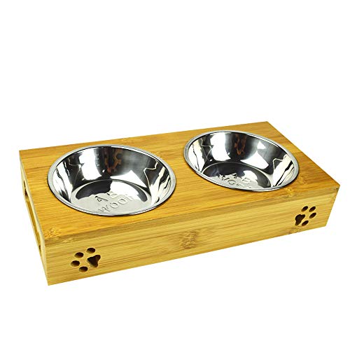 MIGHTYDUTY Tazón Elevado para Mascotas con 2 Cuencos de Acero Inoxidable para Comida y Agua, comedero Elevado para Mascotas, Perro, Gato, bambú