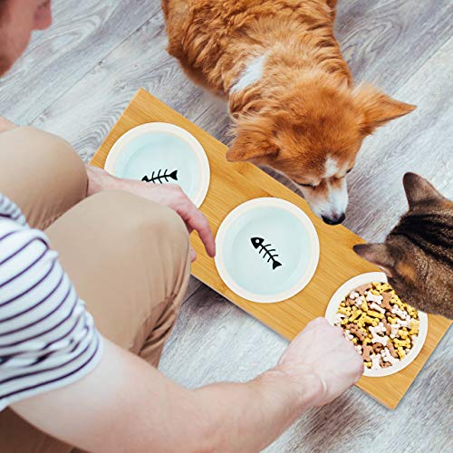 Relaxdays Comedero Bebedero con Soporte, Gatos y Perros, Doble Cuenco, Bambú y Cerámica, 1 Ud, 29,5 cm de Ancho, Marrón