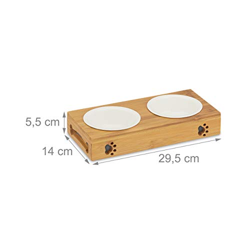 Relaxdays Comedero Bebedero con Soporte, Gatos y Perros, Doble Cuenco, Bambú y Cerámica, 1 Ud, 29,5 cm de Ancho, Marrón