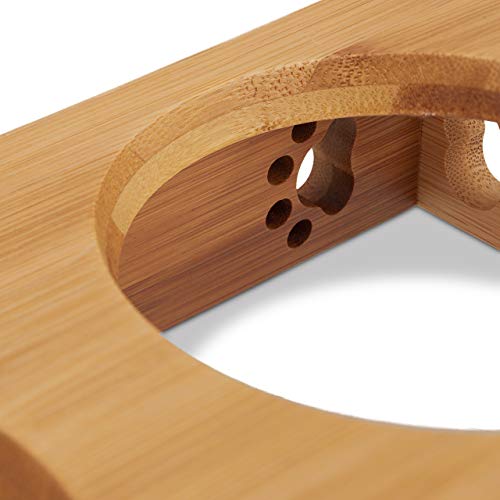 Relaxdays Comedero Bebedero con Soporte, Gatos y Perros, Doble Cuenco, Bambú y Cerámica, 1 Ud, 29,5 cm de Ancho, Marrón