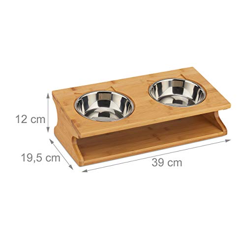 Relaxdays Comedero Bebedero, Soporte con 2 Cuencos, 300 ml, Acero Inoxidable-Bambú, 1 Ud, 12x39x19,5 cm, Marrón-Plateado