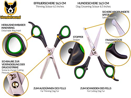 Set de Tijeras para Perros con Tijera de Entresacar, para el cuidado del pelaje de cualquier raza | Las tijeras están hechas de acero inoxidable con punta redondeada