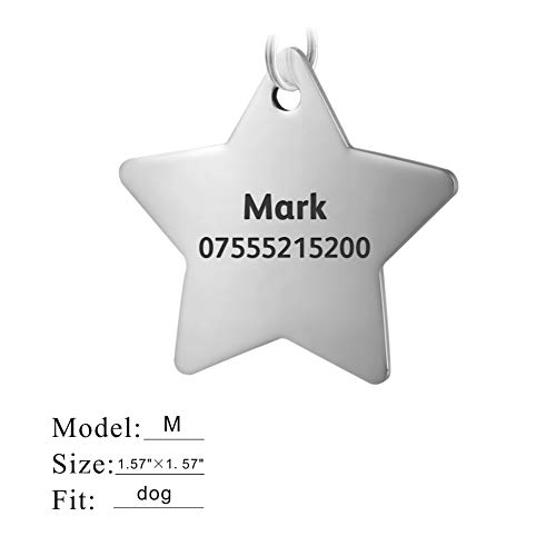 LYL Etiquetas de identificación de Mascotas de Acero Inoxidable Etiquetas de Perro Personalizadas Personalizadas Grabado Frontal/Posterior para Gato y Perro con Diferentes Formas (M, Estrella)