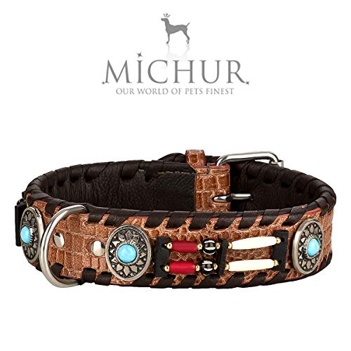 MICHUR Carlota Collar Indio, Collar para Perros de Cuero marrón, Collar de Cuero para Perros, Collar, con Piedras de Color Turquesa, Disponible en Diferentes tamaños, Collar Cuero