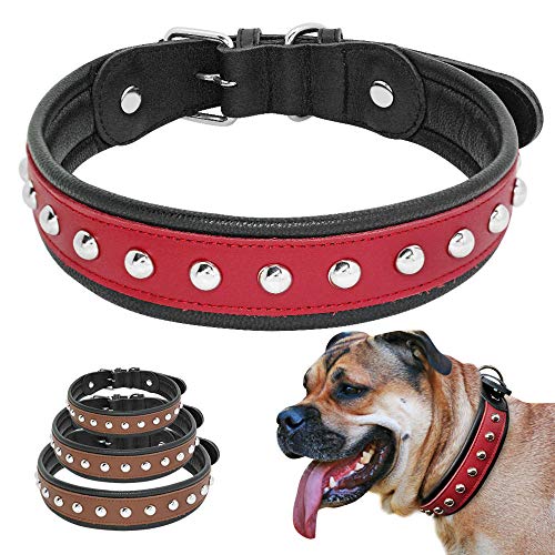 MMWW l de Cuero con Remaches tachonados con Clavos Collares para Perros Acolchados para Perros medianos Grandes K9 Bull Terrier Pastor Alemán-Rojo_XL