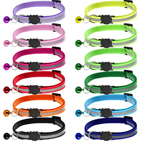 Petyoung 12 Pack Collares Reflectantes para Gatos Hebilla de liberación rápida de Seguridad con Campana- Gato de Mascotas Gatito Ajustable 19-32cm
