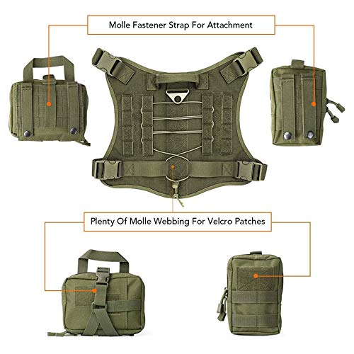 Arnés Táctico para Perros para Entrenamiento De Senderismo, Servicio Militar De Trabajo Chaleco Molle para Perros, Arnés Sin Chaleco Medianos Grandes con Bolsas Molle Y Soporte para Botellas,Verde,XL