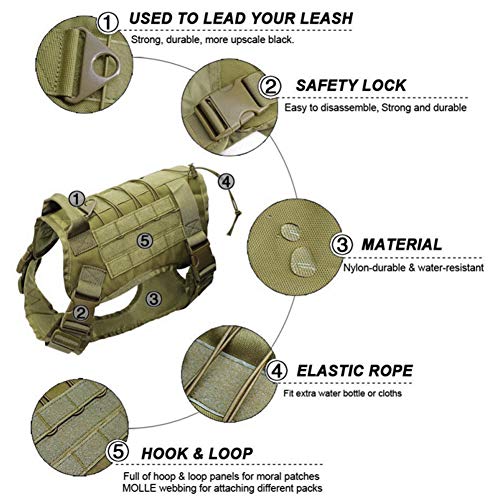 Arnés Táctico para Perros para Entrenamiento De Senderismo, Servicio Militar De Trabajo Chaleco Molle para Perros, Arnés Sin Chaleco Medianos Grandes con Bolsas Molle Y Soporte para Botellas,Verde,XL