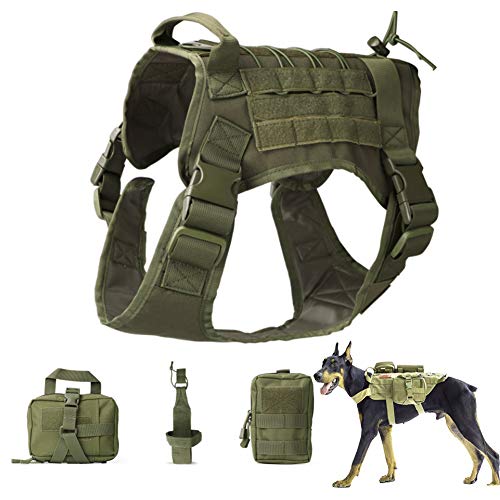 Arnés Táctico para Perros para Entrenamiento De Senderismo, Servicio Militar De Trabajo Chaleco Molle para Perros, Arnés Sin Chaleco Medianos Grandes con Bolsas Molle Y Soporte para Botellas,Verde,XL