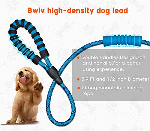 Bwiv Correa para Perros Correr 1.8M Resistente Nylón Fuerte con Mango Acolchado Doble Asa Cómodo Antideslizantes Reflectantes para Grandes Medianos Azul