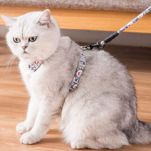 Collier de Chat de Style japonais et Ensemble de laisse Collier de Chat imprimé Mignon pour Chats chaton réglable chaton mascottes harnais Plomb -Fleur Verte_M