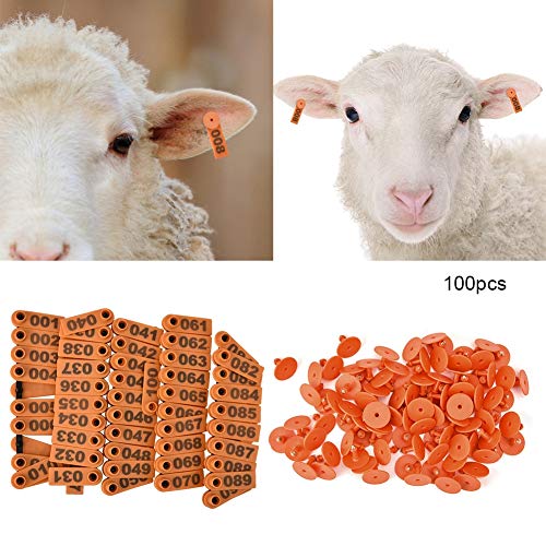 Fdit Etiqueta de número de Oreja de Ganado de plástico Etiqueta de Oreja de Perro de Cordero de Cerdo de Cabra con número 001-100 Accesorios de Animales de Granja(Naranja)