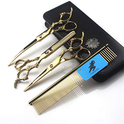 JUSEN Aseo de Mascotas Tijeras Set, Pet Trimmer Kit Utilizado para el Gato del Perro y más Animales de compañía-con Tijeras de Corte, Adelgazamiento por Corte Curvo, Tijeras, Peine, estética Bolsa