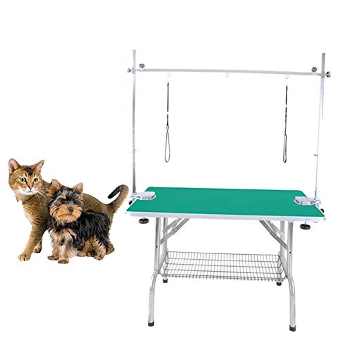 MC.PIG Mesa peluqueria canina Mesa plegable grande para peluquería de perros para mascotas Brazo, soga y estante para trabajo pesado, capacidad de 100 KG, mesa de peluquería para perros de acero inoxi