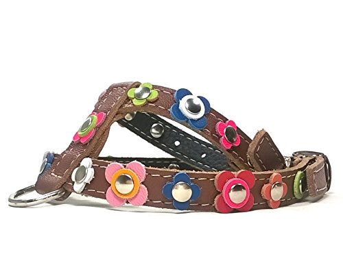 Original Arnés para Perros, Cuero Marrón, Correa Opcional, Diseño Hippie Vintage, Bonitas Flores de Colores, Rosa Lila Blanco y Más, Pequeño, Chihuahua y Cachorro, XS: Cuello 14-18 cm, Pecho 28-32 cm