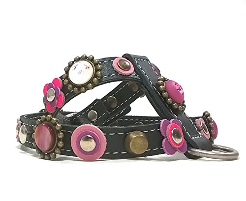 Original Arnés para Perros, Cuero Negro, Correa Opcional, Diseño Bling, Flores y Piedras Strass Brillantes, Colores Rosa Lila, Pequeño, Chihuahua y Cachorro, S: Cuello 18-22 cm, Pecho 32-37 cm