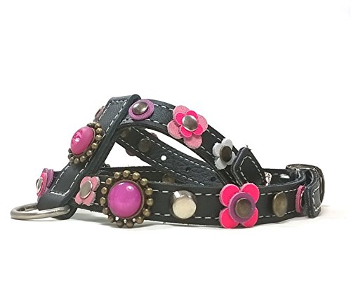 Original Arnés para Perros, Cuero Negro, Correa Opcional, Diseño Bling, Flores y Piedras Strass Brillantes, Colores Rosa Lila, Pequeño, Chihuahua y Cachorro, S: Cuello 18-22 cm, Pecho 32-37 cm
