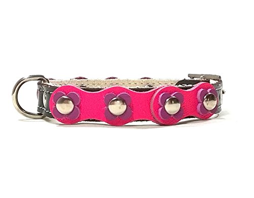 Superpipapo Original Collar de Piel para Perros Pequeños, Cachorros y Chihuahuas, Correa Opcional Diseño Vintage con Flores de Colores, Cuero Rosa y Lila, 25 cm XXXS: Cuello 15-20 cm, Ancho 13mm