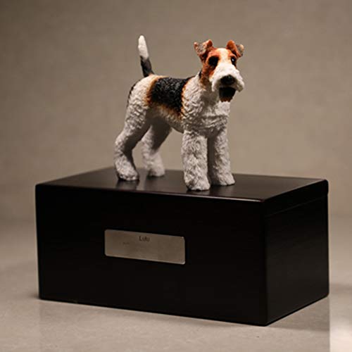 Urna de Cenizas Cremación Personalizado para Mascotas de Madera Palisandro con Estatua Placa de Grabada para el Nombre y la Fecha del Perro Gato Caja de Perros Gatos Urnas Funerarias,Fox Terrier
