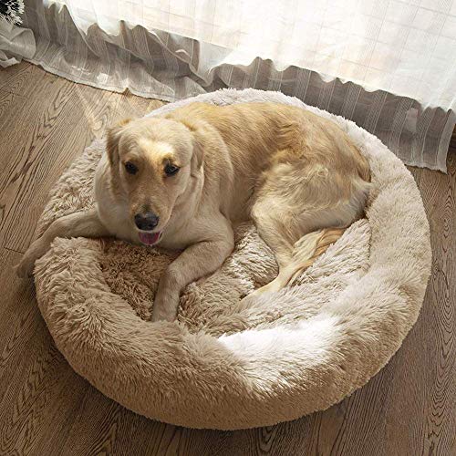 WYJW Cama de Felpa Grande Perros Cama cómoda para calmar Mascotas, cojín autocalentable para Perros, Alfombrilla Antideslizante para Mascotas Lavadero Redondo para Perros, Beige, 80 cm