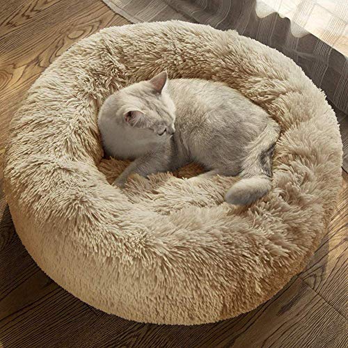 WYJW Cama de Felpa Grande Perros Cama cómoda para calmar Mascotas, cojín autocalentable para Perros, Alfombrilla Antideslizante para Mascotas Lavadero Redondo para Perros, Beige, 80 cm