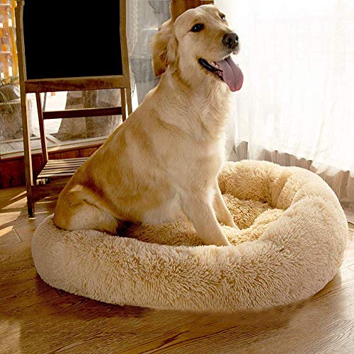 WYJW Cama de Felpa Grande Perros Cama cómoda para calmar Mascotas, cojín autocalentable para Perros, Alfombrilla Antideslizante para Mascotas Lavadero Redondo para Perros, Beige, 80 cm