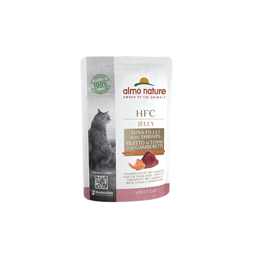 almo nature Comida Húmeda para Gatos Natural de Atún y Gambas (24 Sobres x 55g). Alimento para Gatitos Gourmet Monoproteíco HFC Cuisine. Snack Complementario sin Gluten.