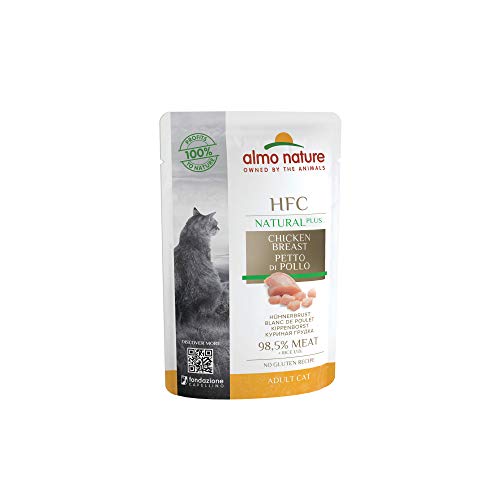 almo nature Comida Húmeda para Gatos Natural Plus de Pollo (24 sobres x 55g). Alimento para Gatitos Gourmet Monoproteíco HFC Cuisine. Snack Complementario sin Gluten.
