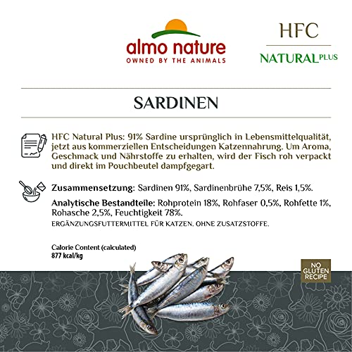almo nature Comida Húmeda para Gatos Natural Plus de Sardinas (24 sobres x 55g). Alimento para Gatitos Gourmet Monoproteíco HFC Cuisine. Snack Complementario sin Gluten.