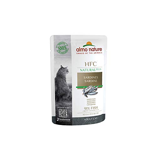 almo nature Comida Húmeda para Gatos Natural Plus de Sardinas (24 sobres x 55g). Alimento para Gatitos Gourmet Monoproteíco HFC Cuisine. Snack Complementario sin Gluten.