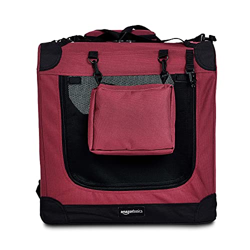 Amazon Basics – Transportín para mascotas abatible, transportable y suave de gran calidad, 76 cm, Rojo