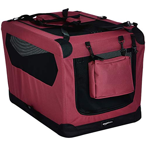 Amazon Basics – Transportín para mascotas abatible, transportable y suave de gran calidad, 76 cm, Rojo