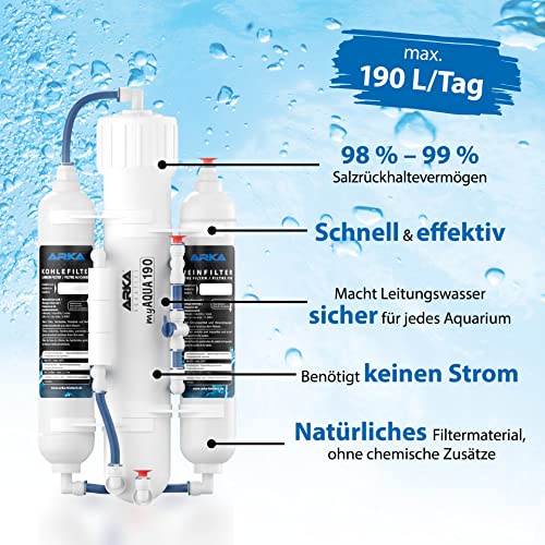 ARKA Aquatics myAqua190 – Sistema de ósmosis inversa para hasta 190 l/día, filtra hasta el 99% de los contaminantes, Sales y bacterias del Agua, Ideal para Cualquier Acuario de Agua Dulce y Salada.