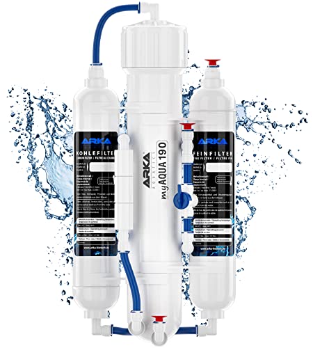 ARKA Aquatics myAqua190 – Sistema de ósmosis inversa para hasta 190 l/día, filtra hasta el 99% de los contaminantes, Sales y bacterias del Agua, Ideal para Cualquier Acuario de Agua Dulce y Salada.