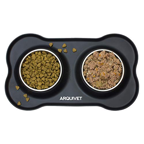 ARQUIVET Comedero y Bebedero Doble para Perros y Gatos - Cuenco de Acero Inoxidable - Base de Silicona Antideslizante y antivuelcos - Accesorios Comida Mascotas - 2 x 400 ml