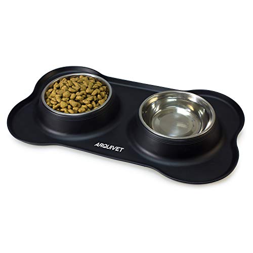 ARQUIVET Comedero y Bebedero Doble para Perros y Gatos - Cuenco de Acero Inoxidable - Base de Silicona Antideslizante y antivuelcos - Accesorios Comida Mascotas - 2 x 400 ml
