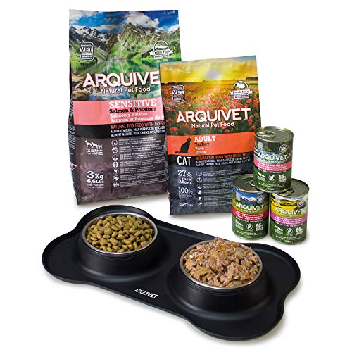 ARQUIVET Comedero y Bebedero Doble para Perros y Gatos - Cuenco de Acero Inoxidable - Base de Silicona Antideslizante y antivuelcos - Accesorios Comida Mascotas - 2 x 400 ml