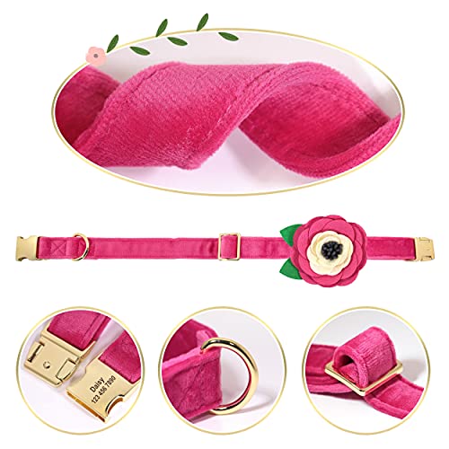Beirui Collar de Terciopelo Suave para Perro con Accesorios de Flores extraíbles,Collar de Perro Personalizado con Placa de Nombre–Collar Adorable para Perros pequeños medianos Grandes(Rosa Fuerte,S)